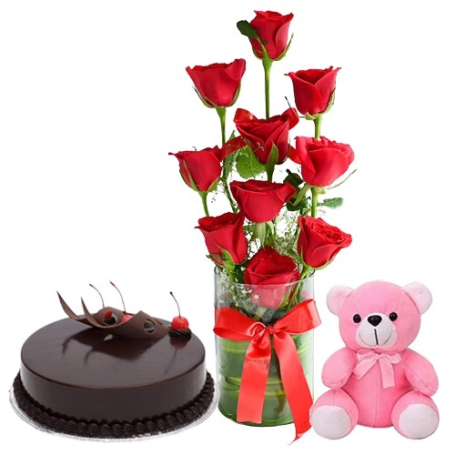Valentine Special Red Roses in Vase, Chocolate Cake n Teddy