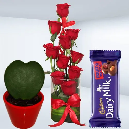 Hearty Choice Red Roses in Vase, Hoya Heart Plant n Cadbury Fruit n Nut