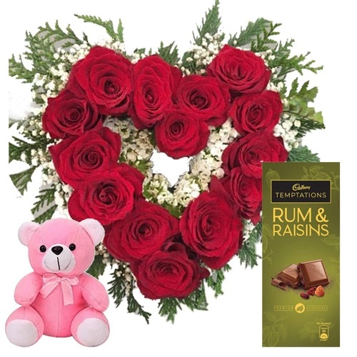 Tempting Heart-Shape Arrangement of Red Roses, Cadbury Temptation n Cute Teddy