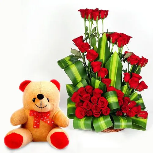Ravishing Red Roses Arrangement with Cute Teddy