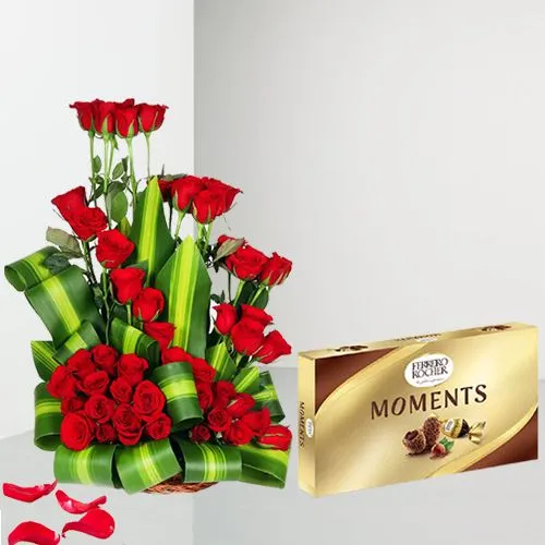 Pleasing Combo of Red Roses n Ferrero Moments