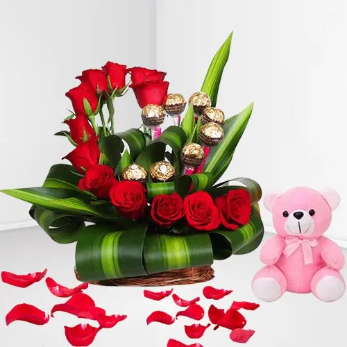 Heart-Shape Arrangement of Red Roses N Ferrero Rocher with Love Teddy