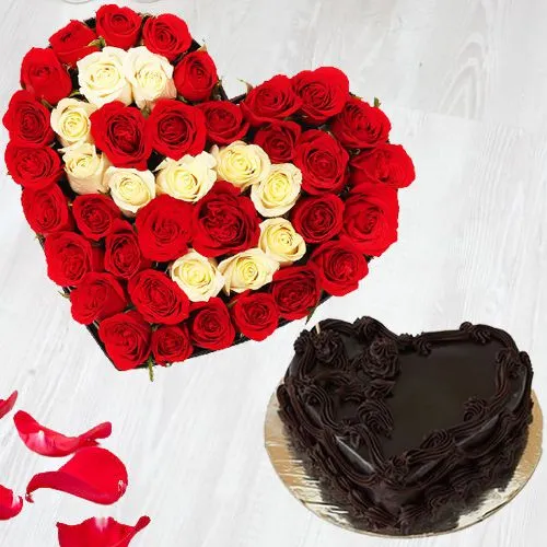 Gorgeous Heart-Shape Arrangement of Red and White Roses with  Love Chocolate Cake
