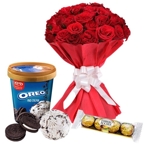 Splendid Red Roses Bouquet with Kwality Walls Oreo Ice Cream and Ferrero Rocher
