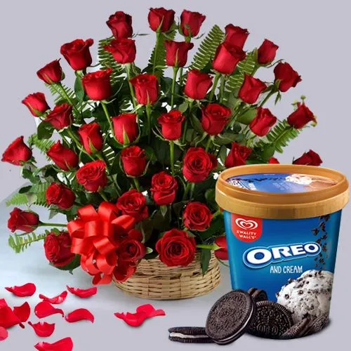 Fantastic 100 Red Roses Basket with Kwality Walls Oreo  N  Cream Ice Cream Tub