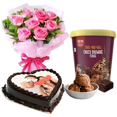 Lovely Pink Roses with Kwality Walls Choco Brownie Ice-Cream n Love Photo Cake