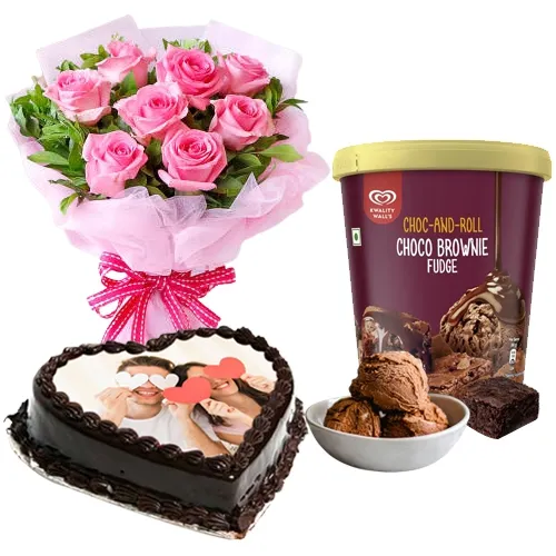 Lovely Pink Roses with Kwality Walls Choco Brownie Ice Cream n Love Photo Cake