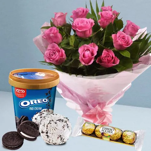 Rendering Love Roses Bouquet with Kwality Walls Oreo Ice Cream and Ferrero Rocher