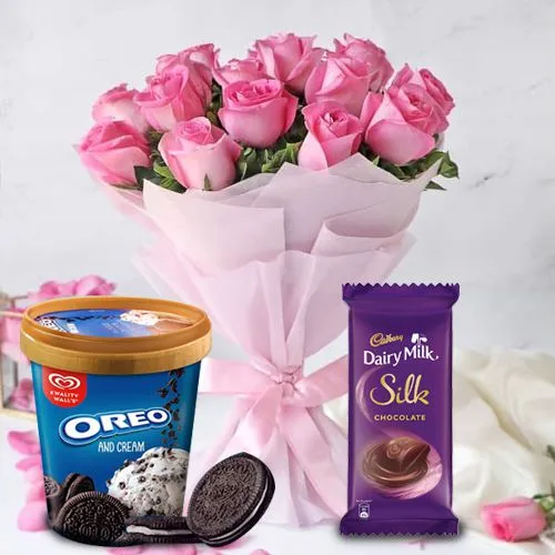 Splendid Combo of Roses with Kwality Walls Oreo Ice Cream N Cadbury Dairy Milk