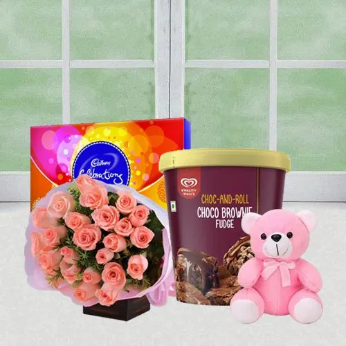 Charming Roses with Kwality Walls Choco Brownie Ice Cream, Cadbury Celebration N Teddy