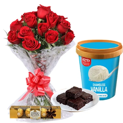 Enigmatic Roses with Kwality Walls Vanilla Ice Cream, Brownie n Ferrero Rocher