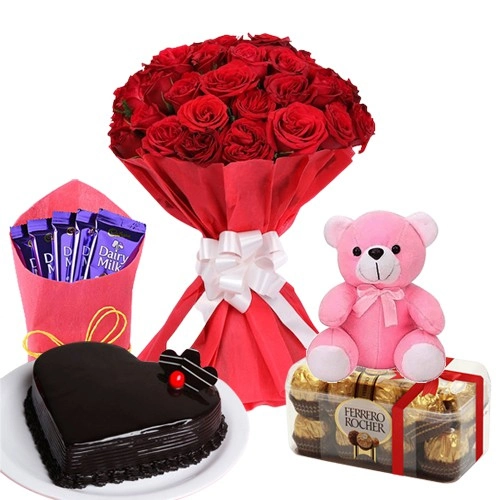 Hearty Chocolate Cake, Ferrero Rocher, Roses, Teddy N Chocolates Combo