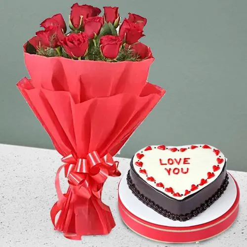 Pristine Bouquet of Red Roses in Tissue Wrap with Love Chocolate Cake	