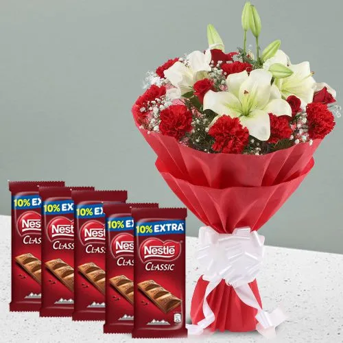 Lovely Red N White Flowers Bouquet with Nestle Chocolates