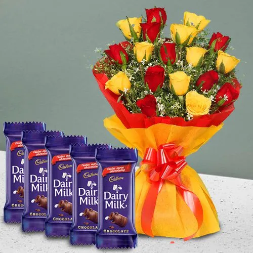 Cheerful Selection of Mixed Roses Bouquet n Cadbury Dairy Milk