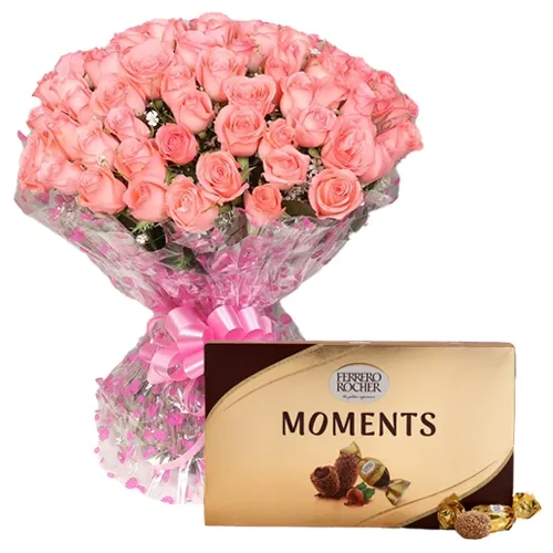 Valentine Special 100 Pink Roses Bouquet n Ferrero Moments