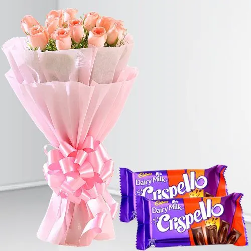 Splendid Pink Roses Bouquet with Cadbury Crispello Choco Bar