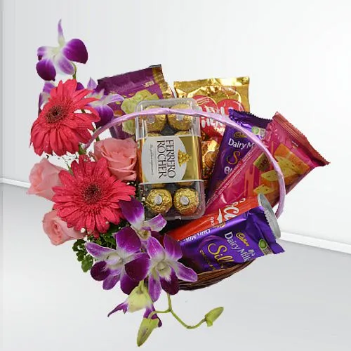 Delightful Valentine Gourmet Surprise Floral Basket