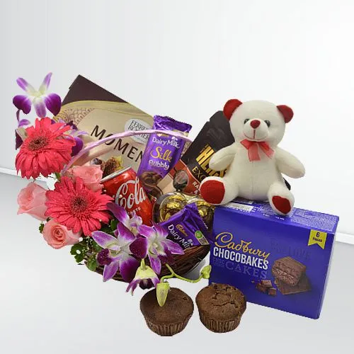 Splendid Gourmet Indulgence n Teddy in Floral Basket for Valentine
