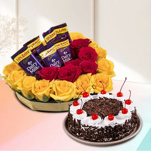 Fabulous Combo of Mixed Roses n Cadbury with Black Forest Cake