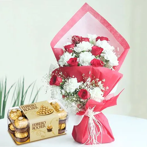 Mesmerizing Red Roses n White Carnation Bouquet with Ferrero Rocher for Valentine