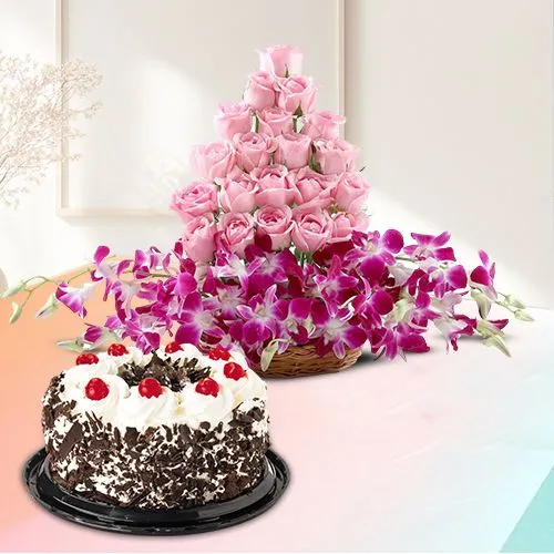 Gorgeous Mixed Flower Basket with Black Forest Cake