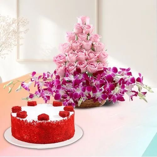 Charming Pink Roses n Purple Orchids with Red Velvet Cake