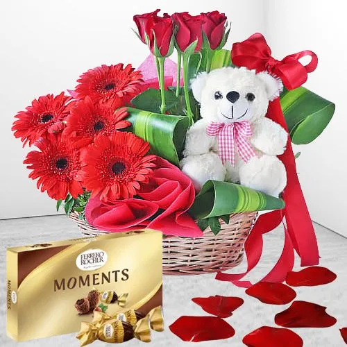 Astonishing Valentine Gift of Red Flowers with Teddy n Ferrero Rocher Chocolates