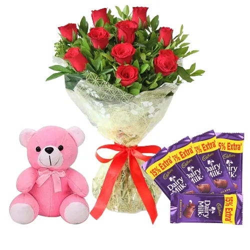 Valentine Combo of Cadbury Chocolates, Red Roses with Teddy