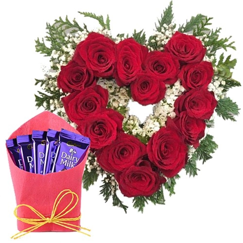 Heart Shape Red Roses in Vase with Cadbury Dairy Milk for Valentine