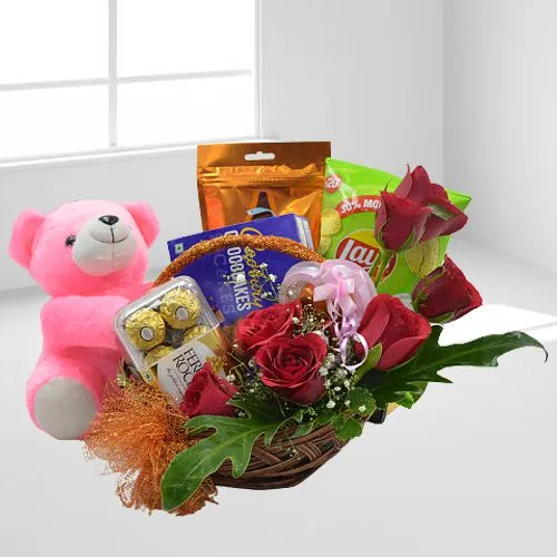 Exquisite Selection of Chocolates, Cookies, Chips in Floral Basket with Teddy