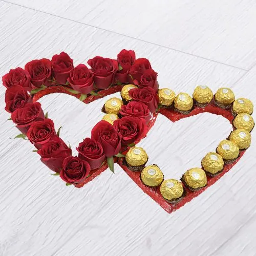 Astonishing Dual Heart Arrangement of Red Roses n Ferrero Rocher