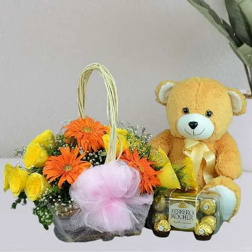 Spectacular Mixed Floral Basket n Ferrero Rocher with Brown Teddy