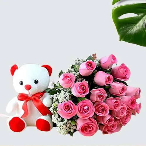 Radiant Pink Roses Bouquet with Red n White Teddy Combo