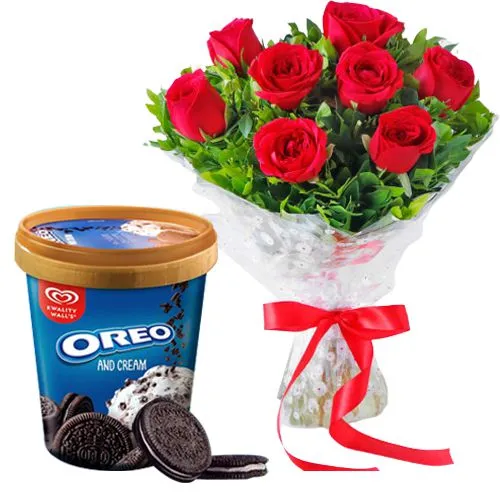 Beautiful Red Roses Bouquet with Kwality Walls Oreo Ice Cream Tub