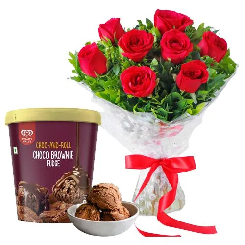 Expressive Red Roses with Kwality Walls Choco Brownie Fudge Ice Cream