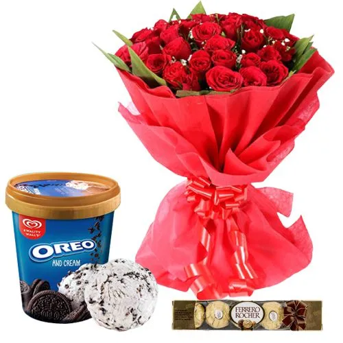 Stunning Red Roses Bouquet with Kwality Walls Oreo Ice Cream n Ferrero Rocher