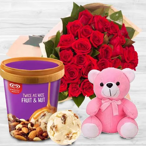 Tasty Kwality Walls Twin Flavor Ice Cream with Red Roses Bouquet n Teddy