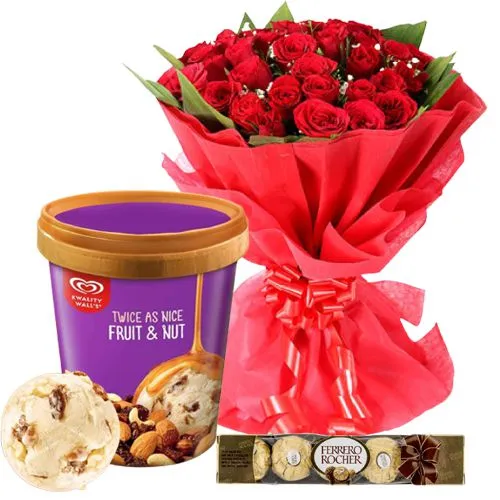 Cheerful Red Roses Bouquet n Ferrero Rocher with Kwality Walls Twin Flavor Ice Cream