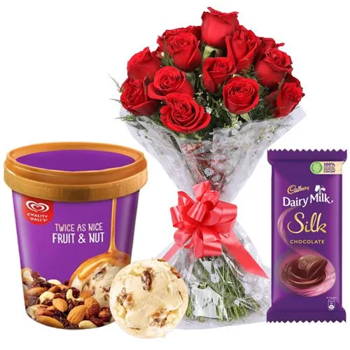 Brilliant Red Roses Bouquet n Cadbury Fruit n Nut with Kwality Walls Twin Flavor Ice Cream