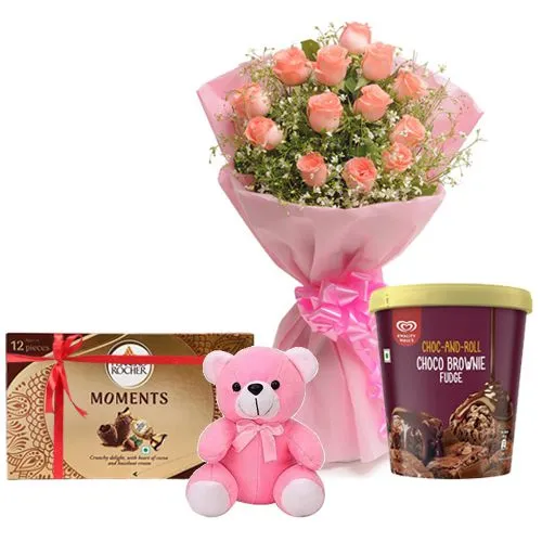 Styled Pink Roses n Kwality Walls Choco Brownie Ice Cream with Ferrero Moments n Teddy