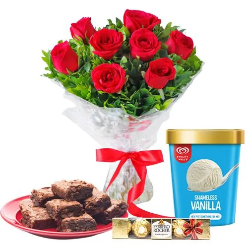 Mesmerizing Red Roses n Kwality Walls Vanilla Ice Cream with Brownie n Ferrero Rocher