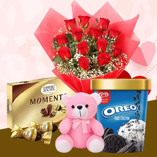 Special Red Roses n Kwality Walls Oreo Ice Cream with Ferrero Moments n Teddy