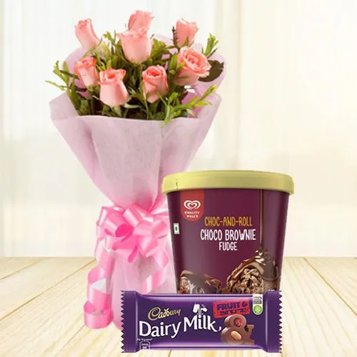 Breathtaking Pink Roses n Kwality Walls Choco Brownie Ice Cream with Cadbury Chocolates