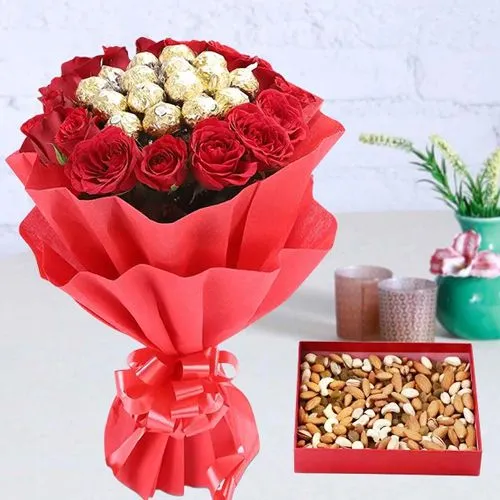 Shop Dry Fruits with Bouquet of Red Roses N Ferrero Rocher