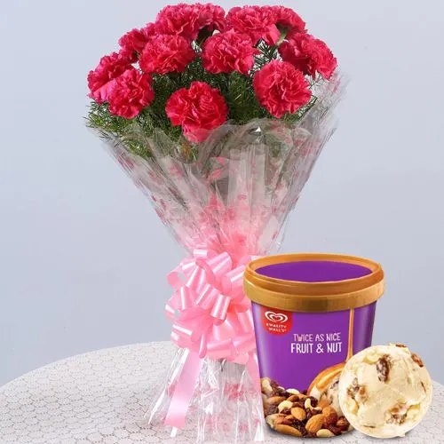 Dazzling Red Carnations Bouquet with Fruit n Nut Ice-Cream from Kwality Walls