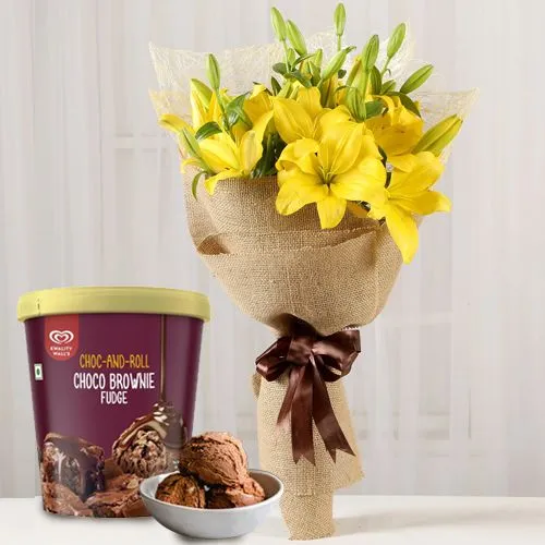 Classic Yellow Lilies Bouquet with Choco Brownie Fudge Ice Cream from Kwality Walls