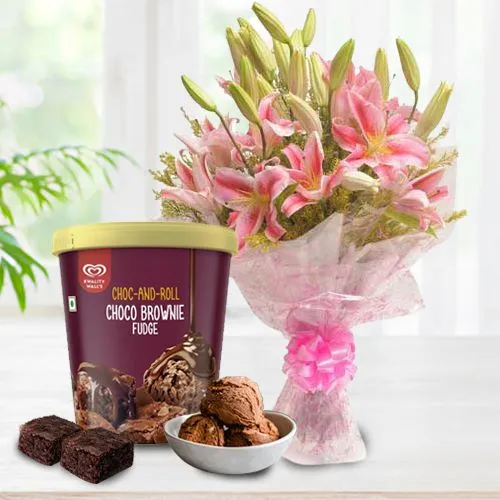 Mesmerizing Pink Lilies Bouquet with Choco Brownie Fudge Ice Cream from Kwality Walls