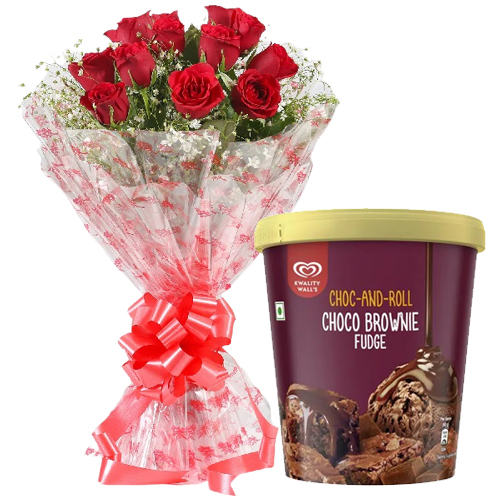 Graceful Red Rose Bouquet with Choco Brownie Fudge Ice Cream from Kwality Walls