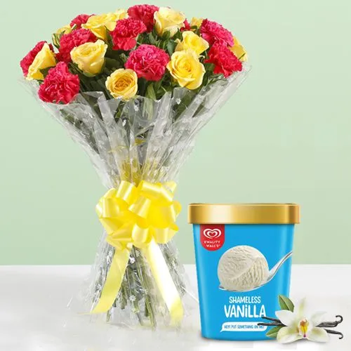 Dreamy Mixed Flowers Arrangement with Vanilla Ice Cream from Kwality Walls